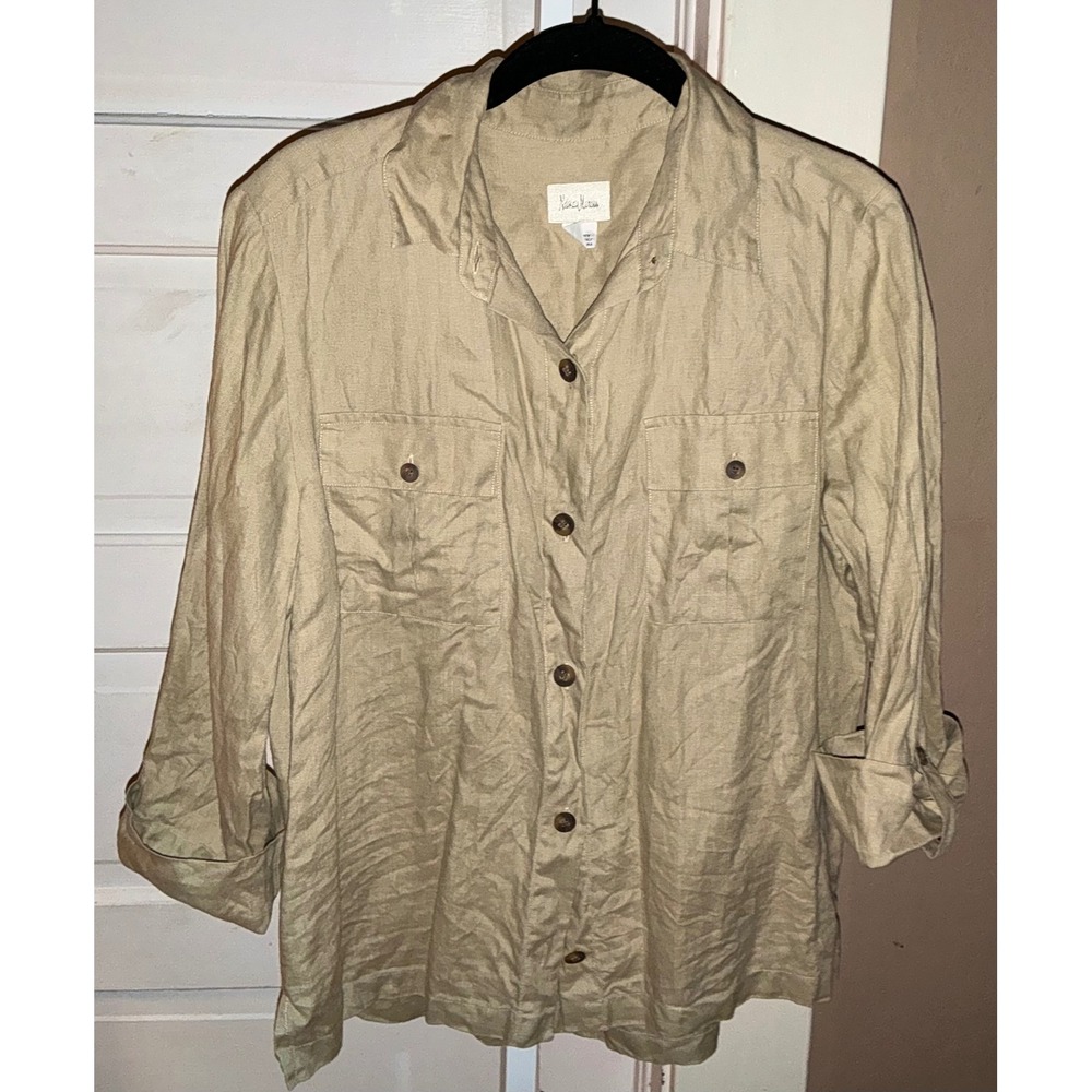 Neiman Marcus Tan 100% Linen Button Down Roll Tab Utility Shirt Blouse Large